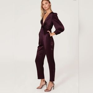 Mac Duggal Elegant Deep Purple/ Plum Plunge Neckline Satin Long Sleeve Jumpsuit
